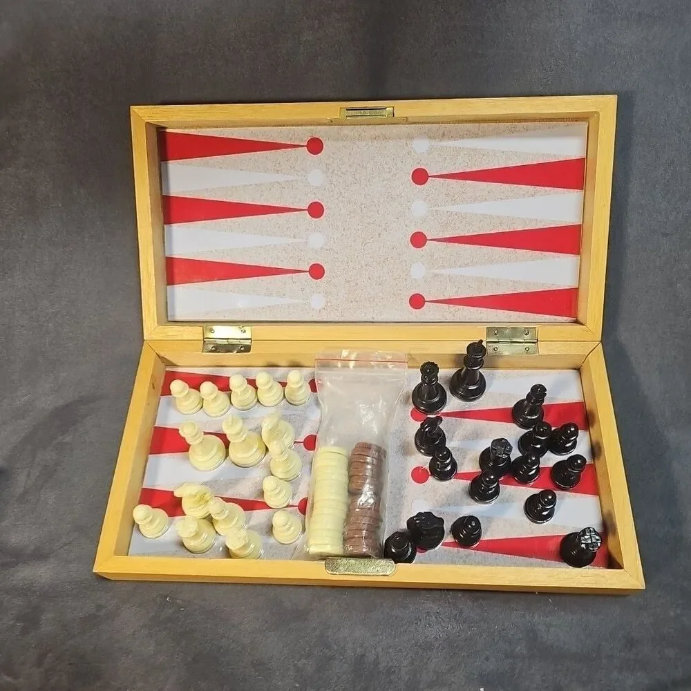 VTG Travel Backgammon Chess Set Wooden Folding Board Checkers Magnetic Pieces
